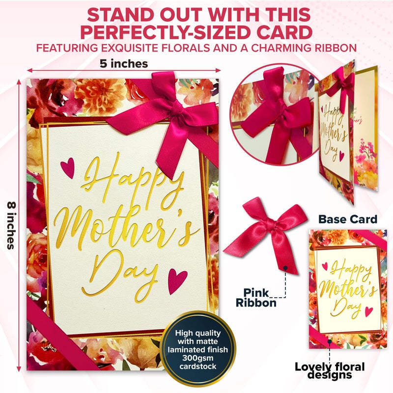Decorably Gold Foiled and Textured 5x8in Individual Happy Mothers Day Card Set with Ribbon and Floral Designs, Card Set with Envelope and Stickers, with Printed Message Inside - Image 4